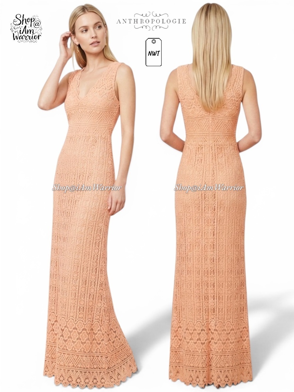 Anthropologie NWT peach crochet lace maxi-dress *shop@iamwarrior